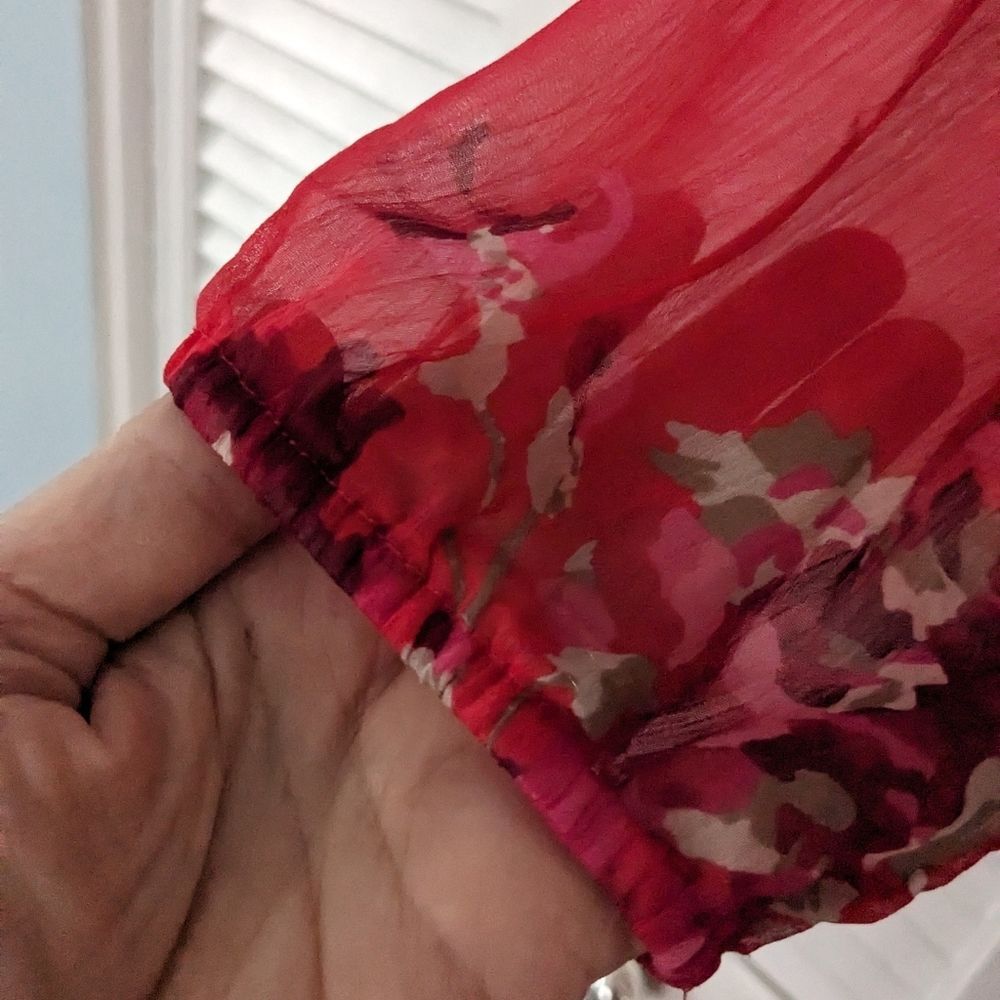 Express Womens sz M Boho Fuschia/Red/Pink Floral Sheer Top w/Ruffles Blouson - Picture 10 of 13